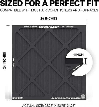 PuroAir MegaFilter - 24x24x1 Air Filter MERV 13 Activated CarbonTech Defense - Heavy Duty 3 Layer Furnace Filters Allergens, Pollen, Dust, Pet Dander, Smoke, Odors - HVAC Air Filter 24x24x1 (1-Pack)