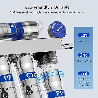 EIREE H502B Under‑Sink Ultrafiltration Water Filter – 0.01 µm Membrane, Removes 99.99% Heavy Metals, Chlorine & Odor, Stainless Steel Housing, USA Tech