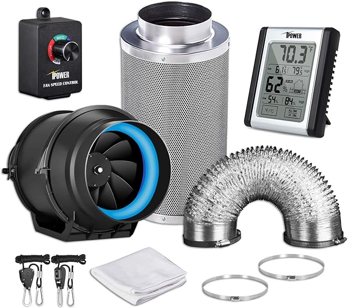 iPower GLFANXEXPSET6D25CHUMD 6 Inch 294 CFM Inline Filter 25 Feet Ducting with Fan Speed Controller and Temperature Humidity Monitor and Grow Tent Ventilation, Kits, Black