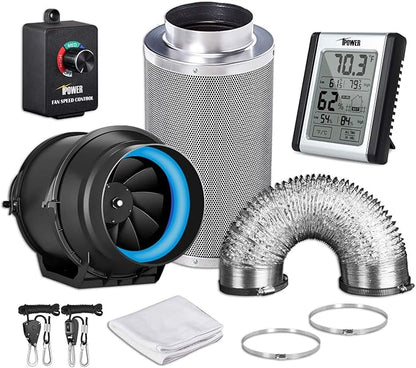 iPower GLFANXEXPSET6D25CHUMD 6 Inch 294 CFM Inline Filter 25 Feet Ducting with Fan Speed Controller and Temperature Humidity Monitor and Grow Tent Ventilation, Kits, Black