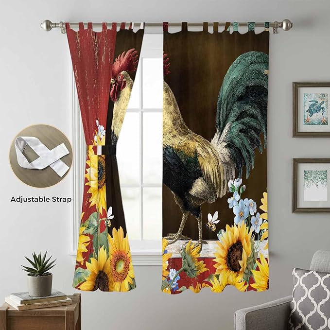 Chicken Sunflowers Living Room Curtains 84 Inch Length, Window Curtains Tab Top, Farmhouse Animals Red Barn Bees Light Filtering Window Treatments Drapes 52"x84" 2 Panel