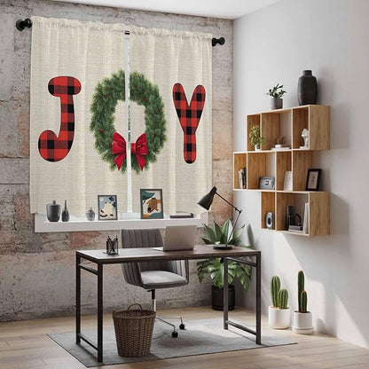 Red Green Christmas Window Curtains 63 Inch Long 2 Panel Set, Rod Pocket Bedroom Curtains & Drapes, Farmhouse Xmas Botanical Winter Light Filtering Window Treatment for Living Room 42"W x 63"L