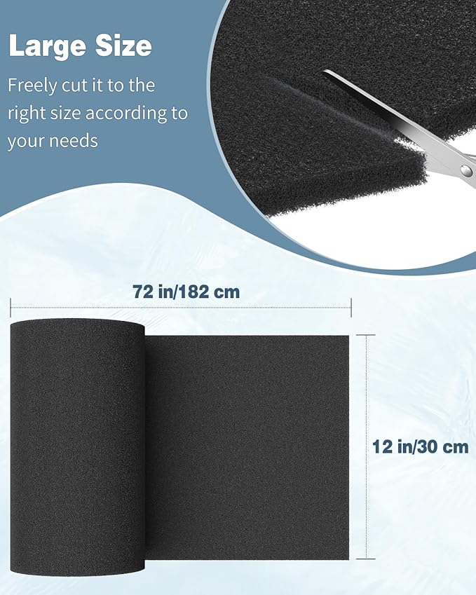 Pawfly Aquarium Filter Media Pad for Fish Tank Filters Aquarium Filter Media Sponge Filter Floss Roll for Sumps Ponds Hydroponics Black Foam Floss for Water Filtration, 72" L x 12" W