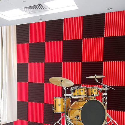 96 Pack Allxinlog Absorb the echo Acoustic Foam Panel Wedge Studio Soundproofing Wall Tiles 12" X 12" X 1" (48RED+48BLACK)