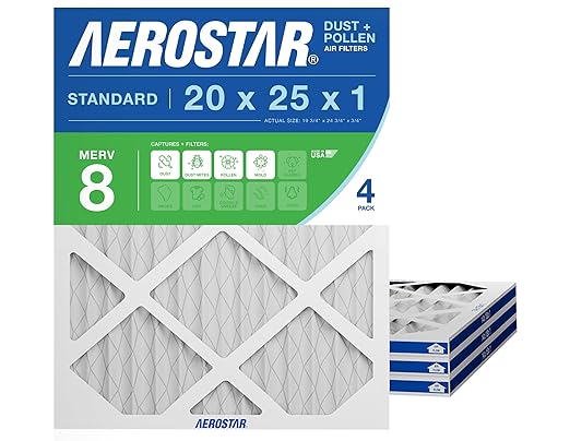 Aerostar 20x25x1 MERV 8 - 4 Count - High Efficiency Pleated HVAC, Furnace & Air Conditioner Filters - Removes Dust, Lint, Mold & Allergy-Causing Pollen