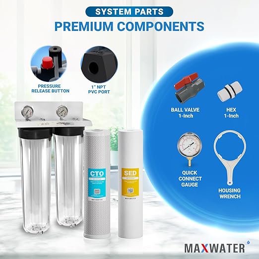 20" x 4.5" 2 Stage Whole House Water Filter System, 1" NPFT Port 2 Clear Housing 2 Pressure Gauge 5 Micron Sediment Water Filter, CTO Filter, Ball Valve, Fitting & Wrench CB2-SED-CAB20-BB, WGB22B