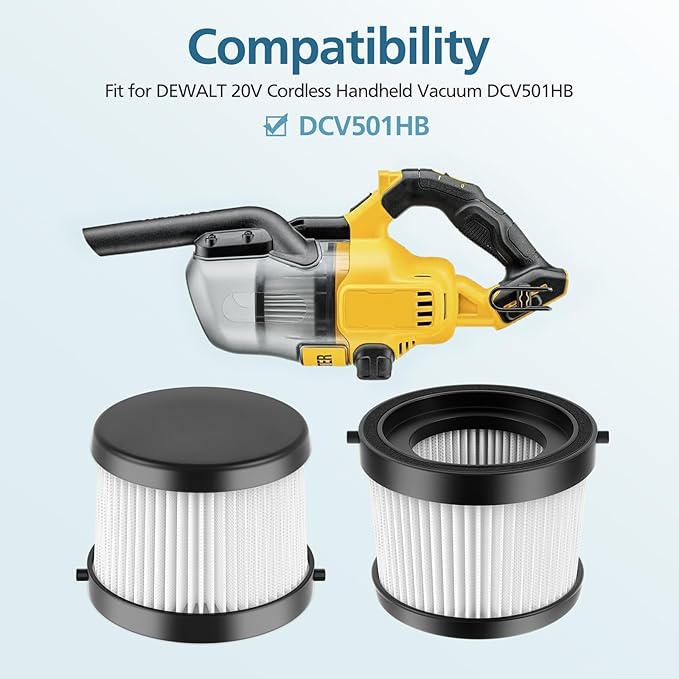 DCV501HB DCV5011H HEPA Vacuum Filter Compatible with DEWALT DCV501HB 20V Vacuum Cordless Handheld Vacuum, 4 Packs Vacuum Filter with 8 Foam Sleeve Filters & 1 Brush