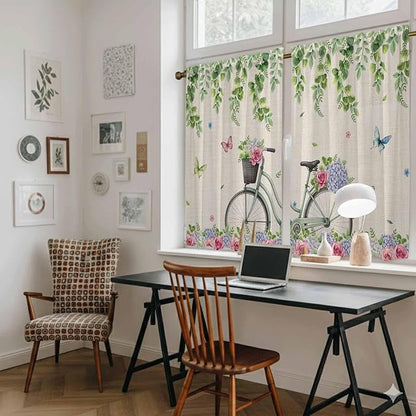 Farmhouse Spring Kitchen Curtains, Retro Bicycles Flowers Vines Butterfly Light Filtering Window Curtain Panels, 2Pcs Rod Pocket Window Treatments Set for RV Dining Room Study Room 42x45 Inches