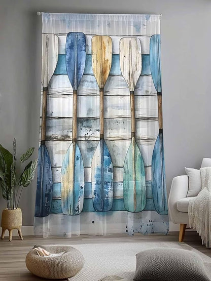 Sheer Curtains 84 Inches Long, Lake Paddle Striped Semi Sheer Curtains Light Filtering Window Treatment, Watercolor Vintage Wood Grain Privacy Voile Drapes for Living Room Bedroom 52x84 Inch