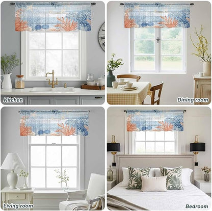 Ocean Corals Sheer Valance Curtains, Summer Beach Coral Sea Stars Blue Wood Grain Light Filtering Kitchen Valances Rod Pocket Voile Curtain Window Treatment for Bedroom/Living Room/Basement 42Wx12L
