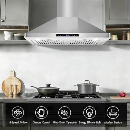 30 inch Wall Mount Range Hood Convertible Vent with Permanent Baffle Filters 800CFM Stainless Steel for Kitchen Gesture Sensing & Touch Control, 4 Speed Exhaust Fan, ETL listed (30 inch)
