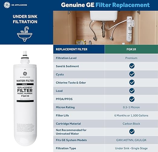 GE Single Stage Under Sink Water Filtration System, Reduces 95+ Impurities Including Lead, Chlorine, Arsenic, & PFOA/PFOS, Easy Installation with Included Kit, Twist & Lock Design, GXK140TNN