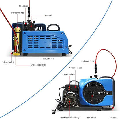 TUXING 4500Psi 300Bar High Pressure Diving Compressor,PCP Air Compressor,Auto Stop,3.5CFM100L/min Air Flow for Scuba Breathing Snorkeling Water Sport Paintball 110V 60HZ Single-phase (TXEDM043)