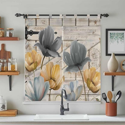 Spring Tulips Flower Bedroom Curtains 72 Inch Length, Window Curtains Tab Top, Vintage Floral Barn Doors Rustic Beige Light Filtering Window Treatments Drapes 52"x72" 2 Panel