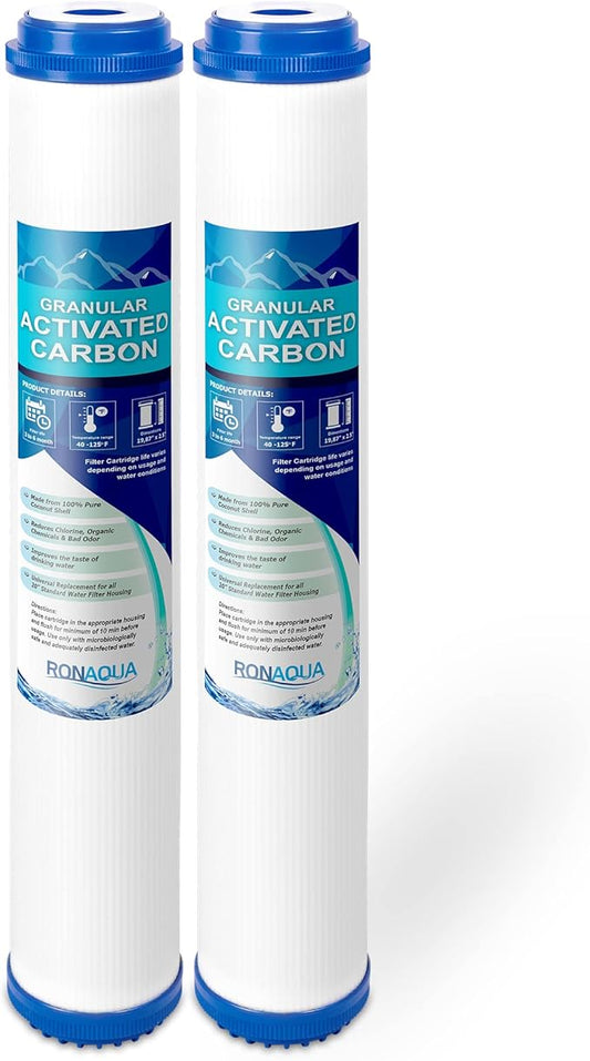 Standard Whole House Coconut Shell Granular Activated Carbon Water Filter 20” x 2.5” Fits 20” x 2.5” Housings. Remove Chlorine and Bad Odor. Compatible with EP-20, HX-CB-25-2010, F3WCB32 Pack of 2