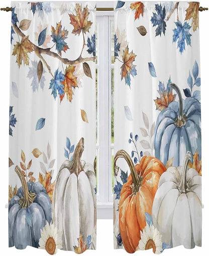 Navy Blue Pumpkin Fall Window Curtains 72 Inch Long 2 Panel Set,Rod Pocket Long Curtains & Drapes,Thanksgiving Maple Leaves Branches Window Treatment for Bedroom Living Room 52"W x 72"L