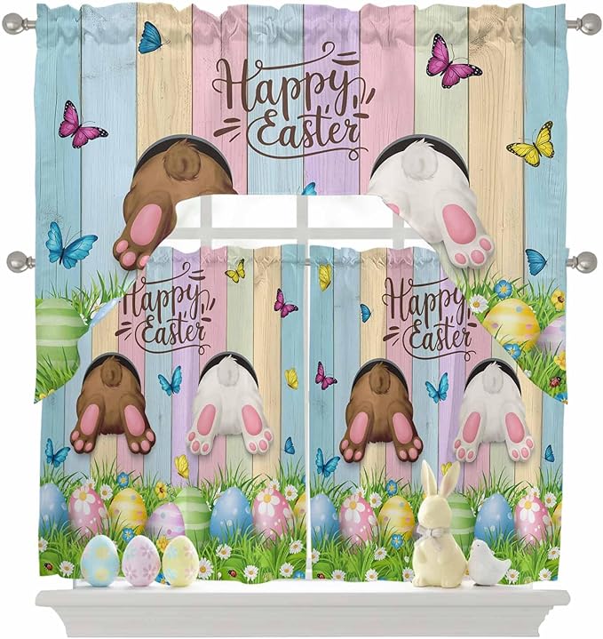 Swag Valance Curtains, Happy Easter Rabbit Butt Egg on Daisy Leaf Rod Pocket Valances Swag Topper for Kitchen Windows, Bufferfly on Wood Barn Light Filtering Short Curtain for Bedroom Bathroom 56x36In