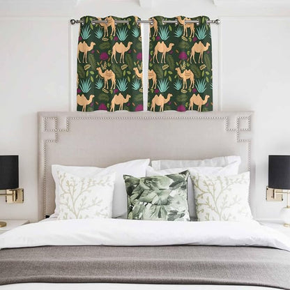 2 Panel Kitchen Cafe Curtains, Retro Desert Camel Sunlight Filtering Nature Air Through, Home Decor Window Covering Tier Curtains for Bedroom Living Room Tropical Animal Aloe Vera Leaves Dark Green