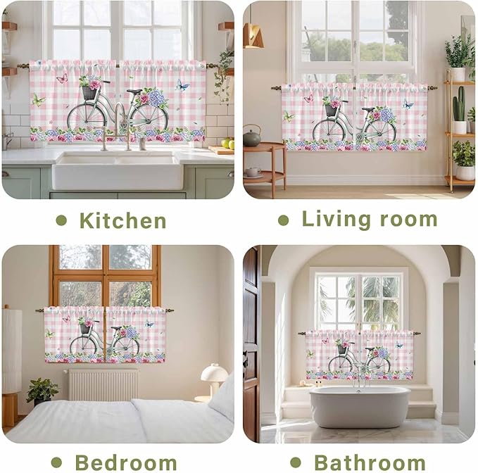 Spring Tier Curtains, Bicycles Leaves Butterfly Flowers Pink Buffalo Plaid Light Filtering Kitchen Curtains, 2Pcs Rod Pocket Half Window Treatments Panels for Sink Cafe Cabinet Camper 27.5x36 Inches