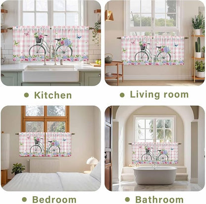 Spring Tier Curtains, Bicycles Leaves Butterfly Flowers Pink Buffalo Plaid Light Filtering Kitchen Curtains, 2Pcs Rod Pocket Half Window Treatments Panels for Sink Cafe Cabinet Camper 27.5x36 Inches