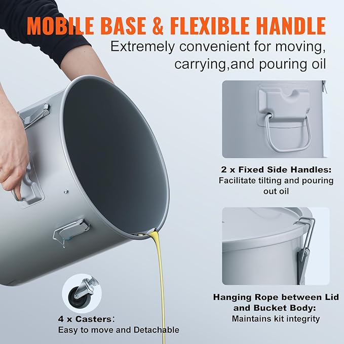 VEVOR Fryer Grease Bucket, 8 Gal Oil Disposal Caddy with Caster Base, Carbon Steel with Rust-Proof Coating, Oil Transport Container with Lid, Lock Clips, Filter Bag for Hot Cooking Oil Filtering
