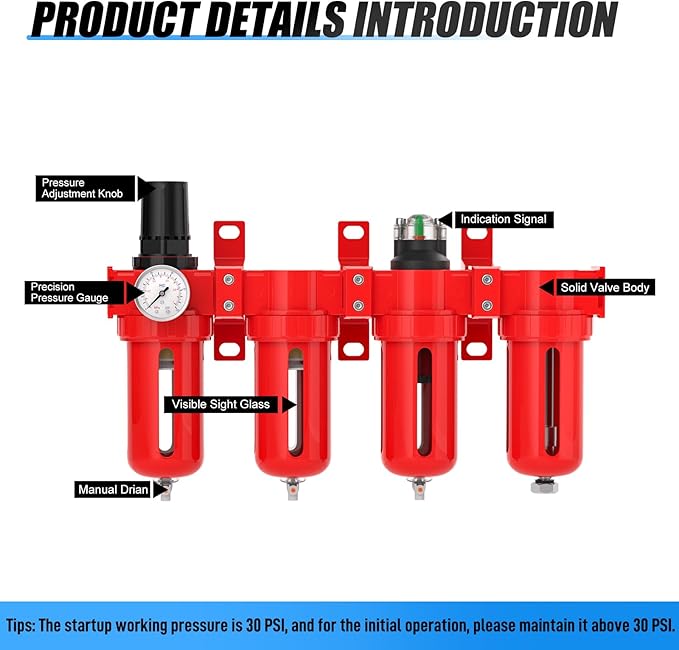 1/2" NPT Industrial Grade 4 Stage Aluminum Air Drying System, Coalescing Filter, Double Particulate Filter, Desiccant Dryer and Air Regulator,Manual Drain For Plasma Cutter and Paint Spray