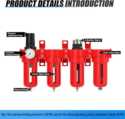 1/2" NPT Industrial Grade 4 Stage Aluminum Air Drying System, Coalescing Filter, Double Particulate Filter, Desiccant Dryer and Air Regulator,Manual Drain For Plasma Cutter and Paint Spray