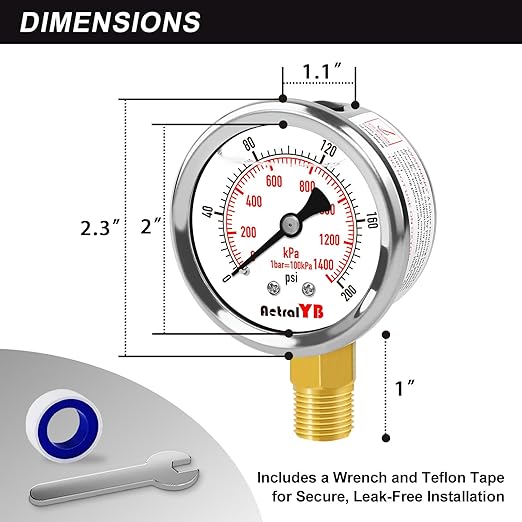 0-200 Psi 2-Inch Waterproof Pressure Gauge, Liquid-Filled, 1/4" NPT Lower Mount, Stainless Steel, Pressure Gauge for Water Pumps, Oil Systems, Pneumatic Air, and Pool Sand Filters