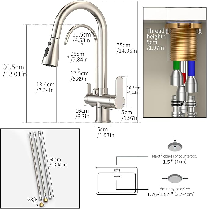 Kitchen Sink Faucet with Pull - Down Sprayer, 2 - Handle 3 - in - 1 Kitchen Sink Filter Faucet, Cold and Hot Mixer Drinking Water Faucet (3-in-1 Filter Faucet, Brushed Nickel)