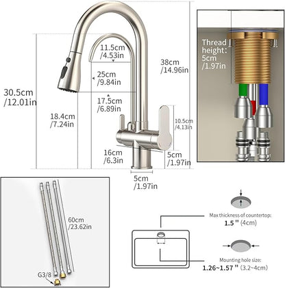 Kitchen Sink Faucet with Pull - Down Sprayer, 2 - Handle 3 - in - 1 Kitchen Sink Filter Faucet, Cold and Hot Mixer Drinking Water Faucet (3-in-1 Filter Faucet, Brushed Nickel)