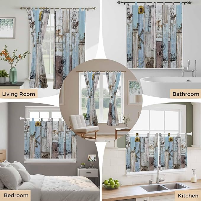 Blue Grey Wooden Kitchen Curtains 36 Inch Length, Small Window Curtains Tab Top, Farmhouse Barn Sunflowers Retro Light Filtering Short Window Treatments Tier Drapes 27.5"x36" 2 Panel