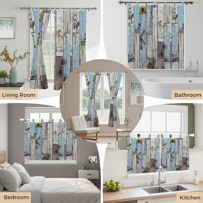Blue Grey Wooden Bathroom Curtains 63 Inch Length, Window Curtains Tab Top, Farmhouse Barn Sunflowers Retro Light Filtering Window Treatments Drapes 52"x63" 2 Panel