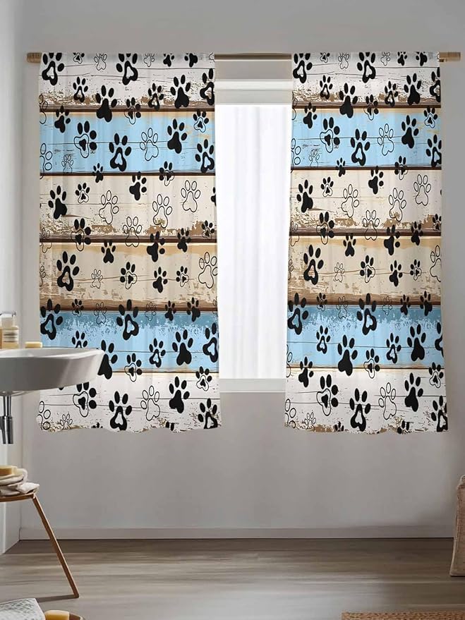 Sheer Curtains 63 Inch Length, Blue Brown Paw Prints Semi Sheer Curtains Light Filtering Window Treatment, Vintage Farmhouse Rustic Wooden Grain Privacy Voile Drapes for Living Room Bedroom 52x63 Inch