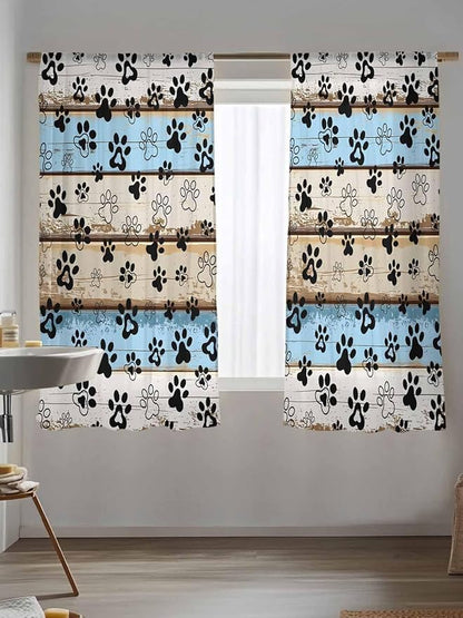 Sheer Curtains 63 Inch Length, Blue Brown Paw Prints Semi Sheer Curtains Light Filtering Window Treatment, Vintage Farmhouse Rustic Wooden Grain Privacy Voile Drapes for Living Room Bedroom 52x63 Inch