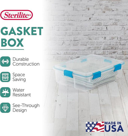 Sterilite 4-Pack Gasket Box, Home Storage Organizer Bins with Lids, 37 Quart – Stackable Clear Plastic Containers for Bedroom, Bathroom, Garage, Basement, or Attic