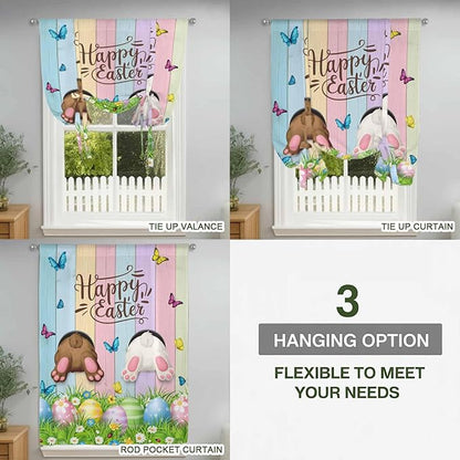 Tie Up Curtains,Happy Easter Rabbit Butt Egg on Daisy Leaf Adjustable Rod Pocket Window Shade Curtain Drape Bufferfly on Wood Barn Tie-Up Valance for Kitchen Bedroom Living Room Windows,52"x63"