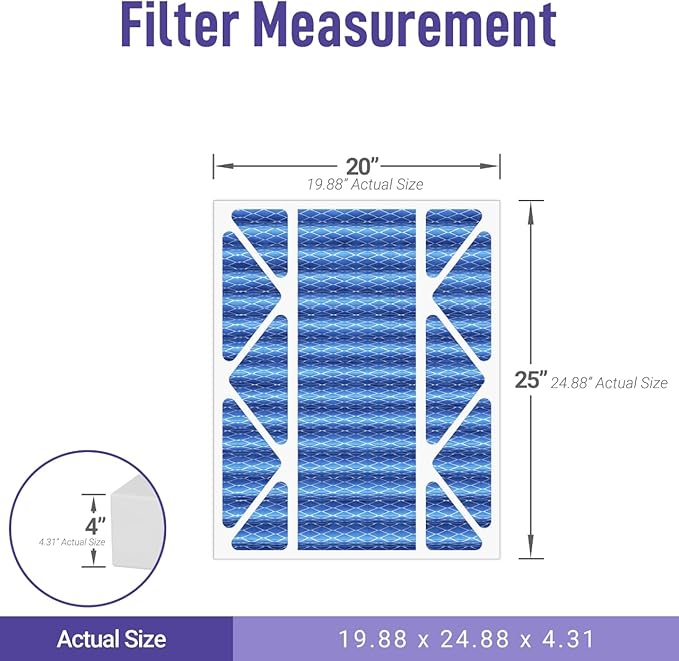 20x25x4 HVAC Air Filter, MERV 11, 2-Pack, Blue Electrostatic Pleated Furnace AC Replacement Filter, Easy Install, Long-Lasting