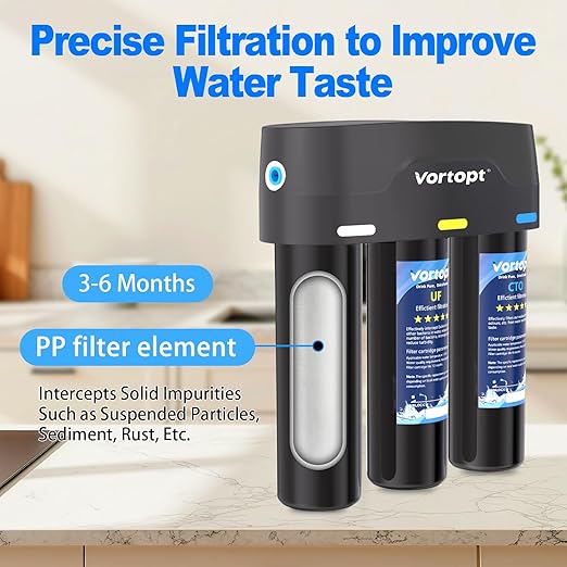 Vortopt Under Sink Water Filter,with PP,UF,and CTO Cartridges for Water Filtration and Drinking Water,F03,Black.