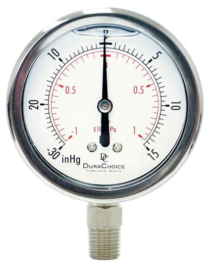 2-1/2" Oil Filled Vacuum Pressure Gauge - Stainless Steel Case, Brass, 1/4" NPT, Lower Mount Connection, 30HG/15PSI