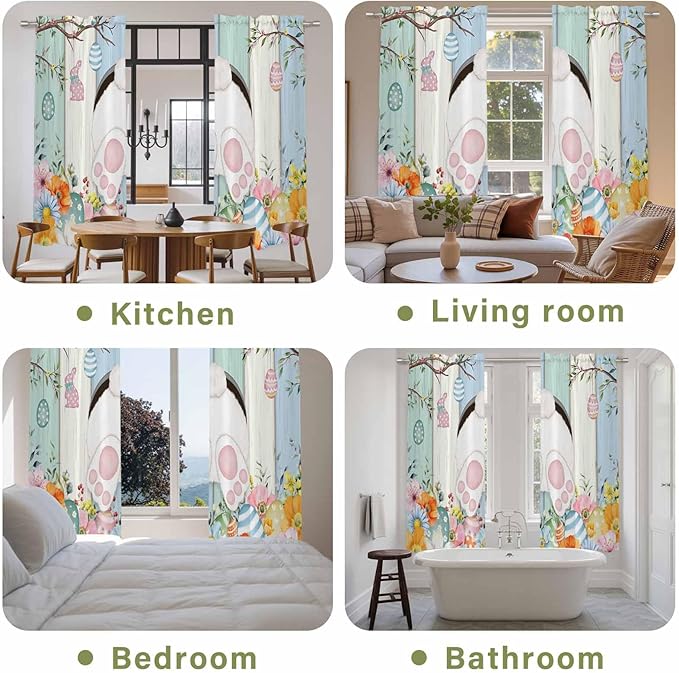 Easter Window Curtains 72 Inch Long 2 Panel Set,Rod Pocket Long Curtains & Drapes,Spring Watercolor Bunny Eggs Wood Grain Teal Blue Light Filtering Window Treatment for Bedroom Living Room 52"W x 72"L