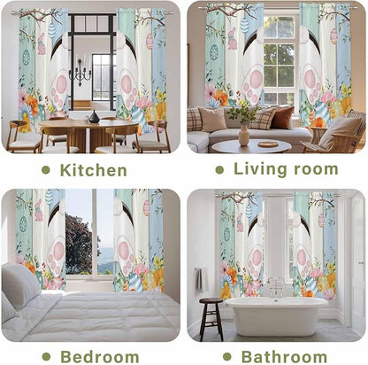 Easter Window Curtains 72 Inch Long 2 Panel Set,Rod Pocket Long Curtains & Drapes,Spring Watercolor Bunny Eggs Wood Grain Teal Blue Light Filtering Window Treatment for Bedroom Living Room 52"W x 72"L