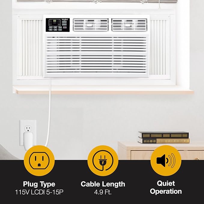Whirlpool 8,000 BTU Window Air Conditioner with Supplemental Heat, Window Mounted AC Unit with Heater for Apartment, Living Room, Bedroom, Rooms up to 350 Square Feet