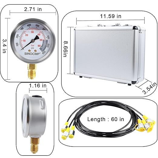 SINOCMP Hydraulic Pressure Test Kit with 3 Gauges 25/40/60 Mpa, 9 Couplings, 3 Test Hoses, Hydraulic Gauge Tester Set for Excavator Construction Machinery