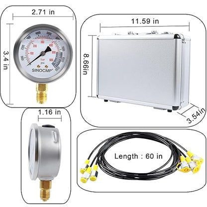 SINOCMP Hydraulic Pressure Test Kit with 3 Gauges 25/40/60 Mpa, 9 Couplings, 3 Test Hoses, Hydraulic Gauge Tester Set for Excavator Construction Machinery