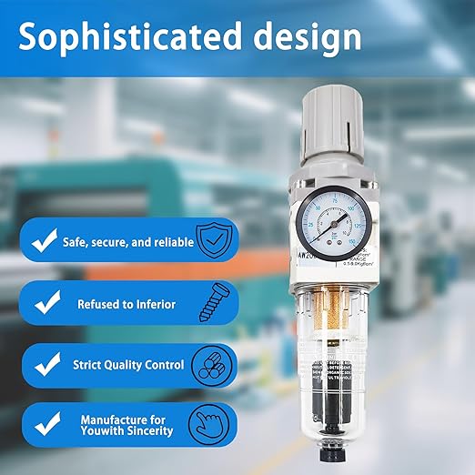 XingNEeng 1/4" NPT Compressed Air Filter Regulator Combo Piggyback, Water/Oil Trap Separator with Pressure Gauge(0-150 psi), Auto Drain, Poly Bowl, 5 Micron Brass Element, Metal Bracket