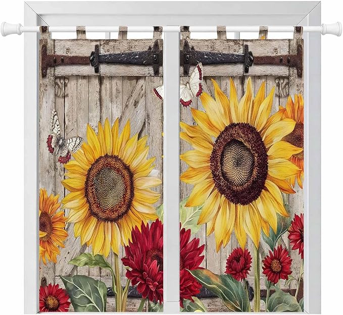 Sunflowers Living Room Curtains 84 Inch Length, Window Curtains Tab Top, Retro Flower Barn Doors Butterfly Farmhouse Brown Light Filtering Window Treatments Drapes 42"x84" 2 Panel