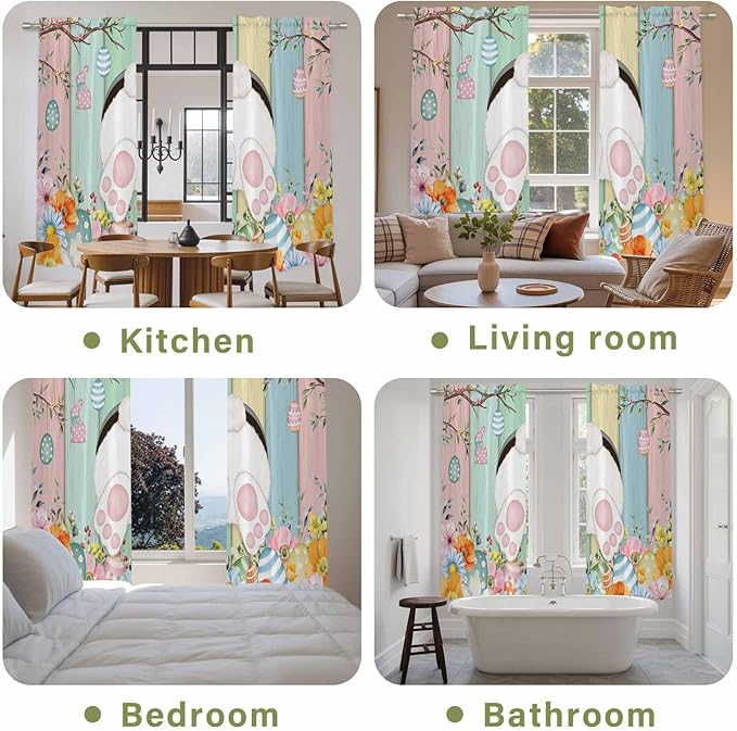 Easter Window Curtains 72 Inch Long 2 Panel Set, Rod Pocket Long Curtains & Drapes, Spring Colorful Bunny Eggs Flower Wood Grain Light Filtering Window Treatment for Bedroom Living Room 52"W x 72"L