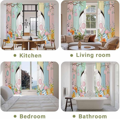 Easter Window Curtains 72 Inch Long 2 Panel Set, Rod Pocket Long Curtains & Drapes, Spring Colorful Bunny Eggs Flower Wood Grain Light Filtering Window Treatment for Bedroom Living Room 52"W x 72"L