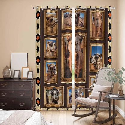 2 Panel Kitchen Cafe Curtains, Wildlife Camels Sunlight Filtering Nature Air Through, Home Decor Window Covering Tier Curtains for Living Room 80W x 84L inch Deserts Animals Brown Geometric Rustic