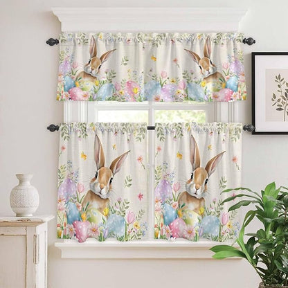 Kitchen Curtains Tiers and Valance Set of 3, Easter Light Filtering Window Curtain Set, Vintage Spring Bunny Eggs Farmhouse Floral Leaves Rod Pocket Curtain Drapes for Living Room, 36 Inches Tiers